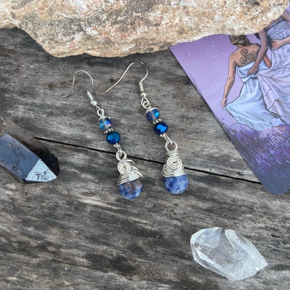 Wire Wrapped Sodalite Briolette Gemstone Dangle Earrings - Handmade - Picture 11 of 11